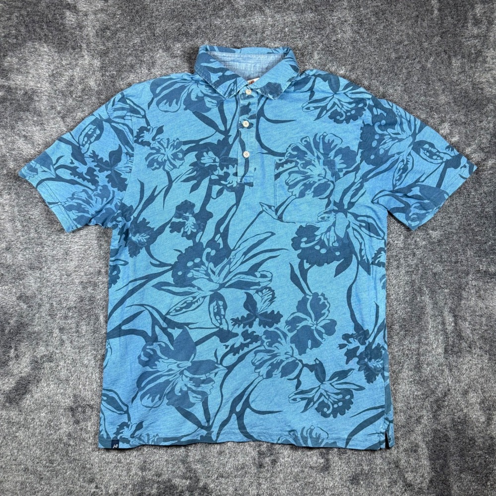 Johnnie-O Hangin Out Mens Blue Floral Cotton Polo Shirt Medium Short Sleeve
